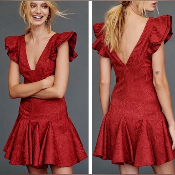 Free People Dresses & Skirts - Free People Lily Mini Dress Size 2 V-Neck Drop Waist Ruffle Flutter Sleeve Red